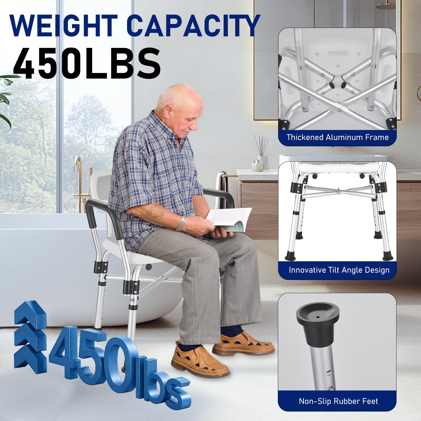 Silla de Ducha para Ducha con Brazos y Respaldo,Pesado Taburete de Ducha, 6 Altura Ajustable,Antideslizante, Silla Ducha para Personas Mayores y Discapacitadas Gris 180kg