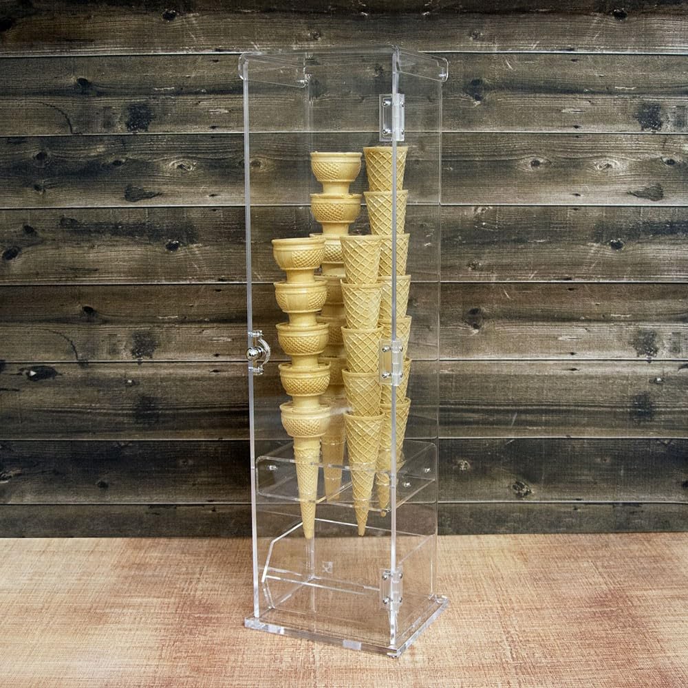 Porta coni gelato in plexiglass trasparente con vaschetta porta cucchiaini e con sportello - Misure: 16 x 13 x H61 cm