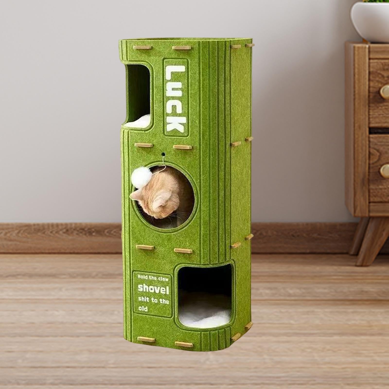 Cama Cueva para Gatos de 3 Pisos, para Gatos con Juguete Colgante en Forma de Bola, Cubierto, Condominio para Varios Gatos, Gat, Verde