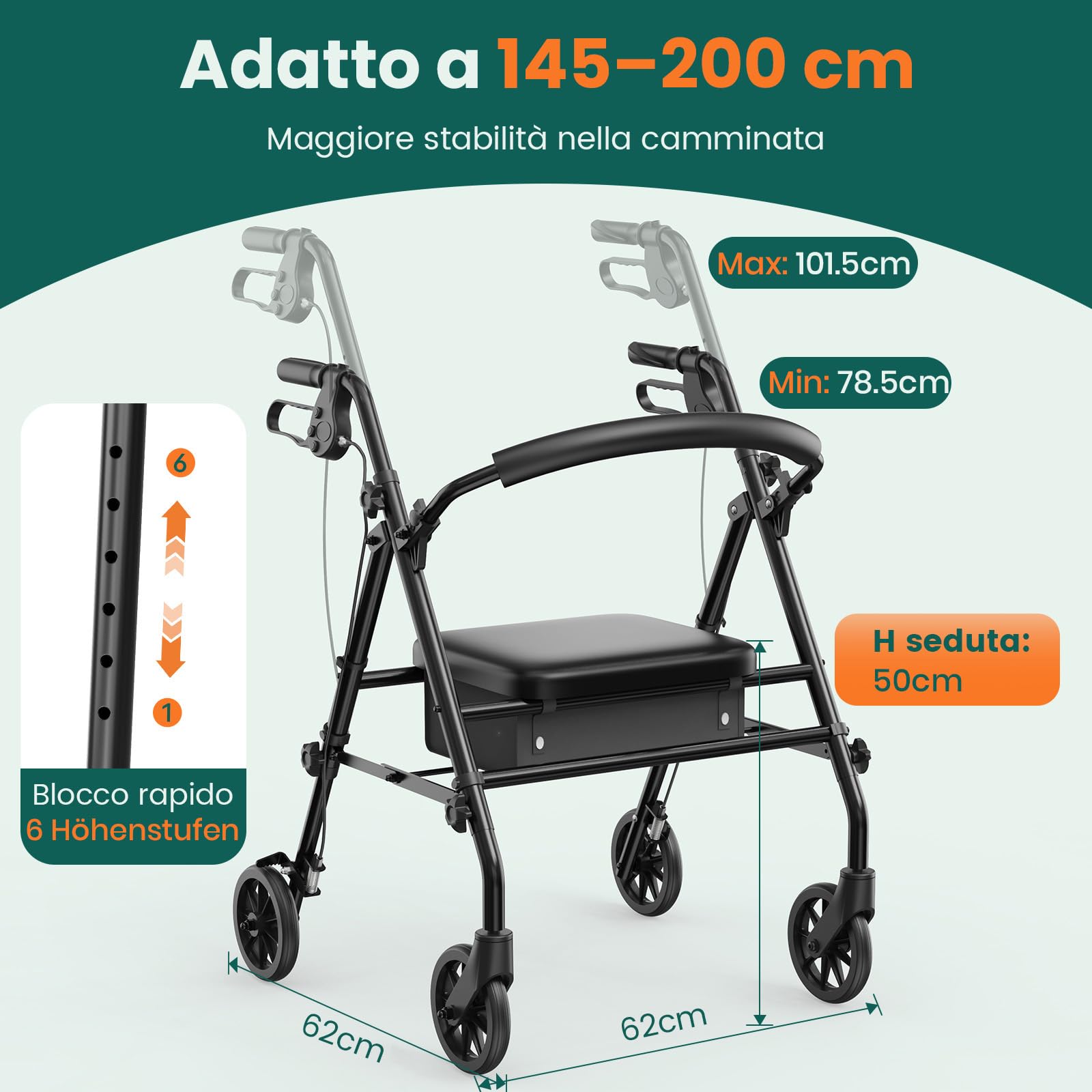 Deambulatore Rollator con Sedile e Spazio di Stoccaggio – Ausilio di Camminata Leggero e Pieghevole a 4 Ruote per Anziani e Disabili, Uso Interno ed Esterno, Nero