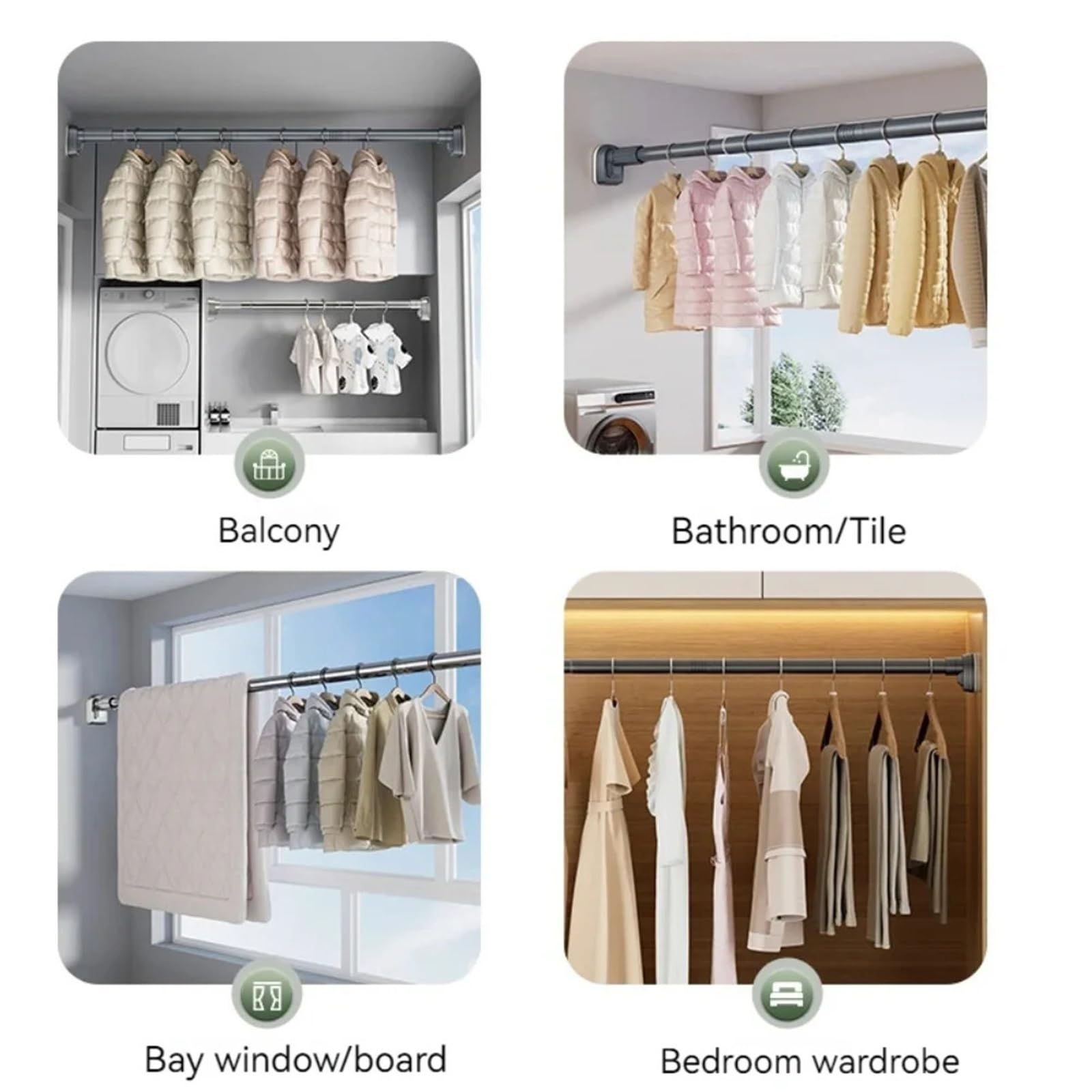 Barra de cortina ducha acero inoxidable ajustable, estante secado ropa, poste telescópico sin taladro for cuarto lavado y baño Para Baño