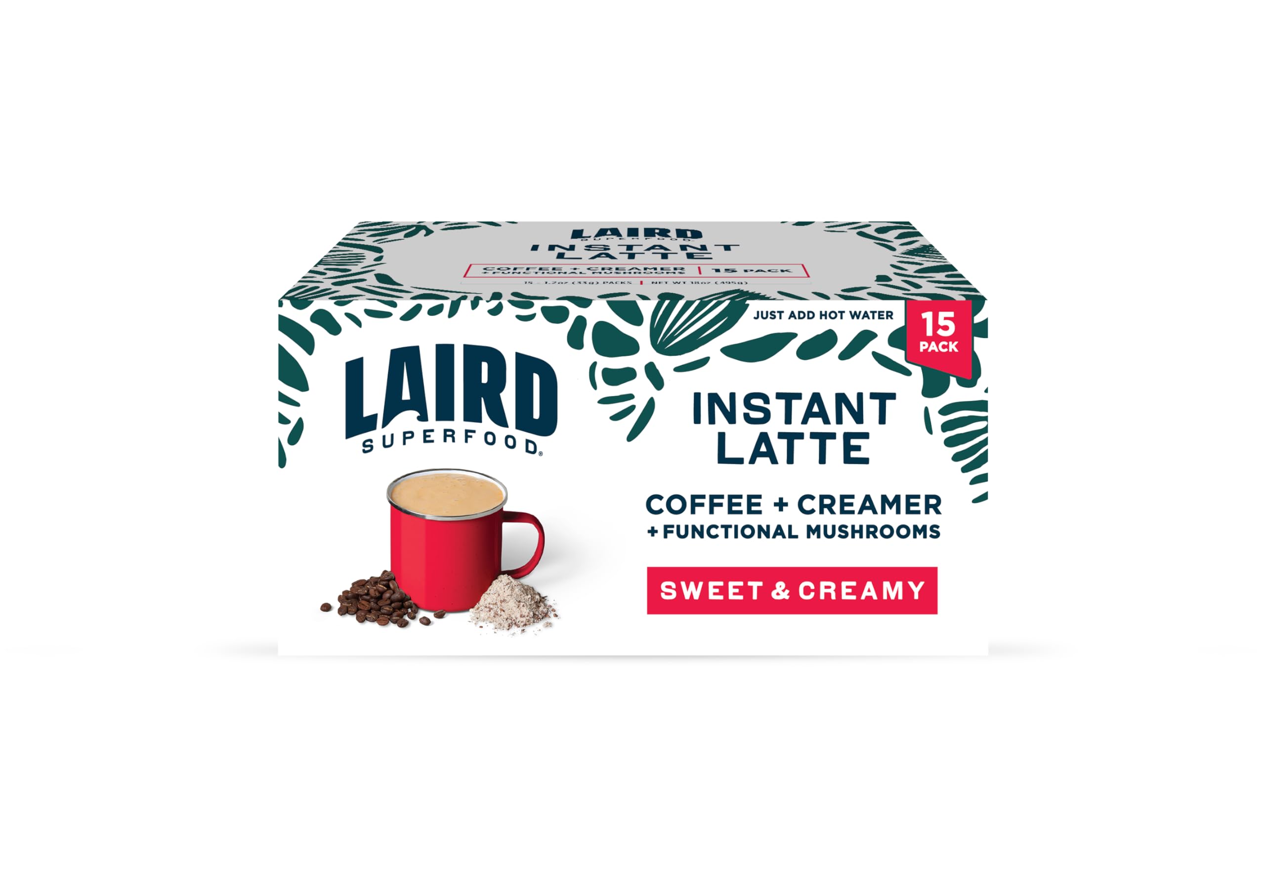 Laird Superfood Instant Latte Sweet & Creamy, Non-Dairy, Superfood Creamer, Gluten Free, Non-GMO, Vegan, 15pk Sachets