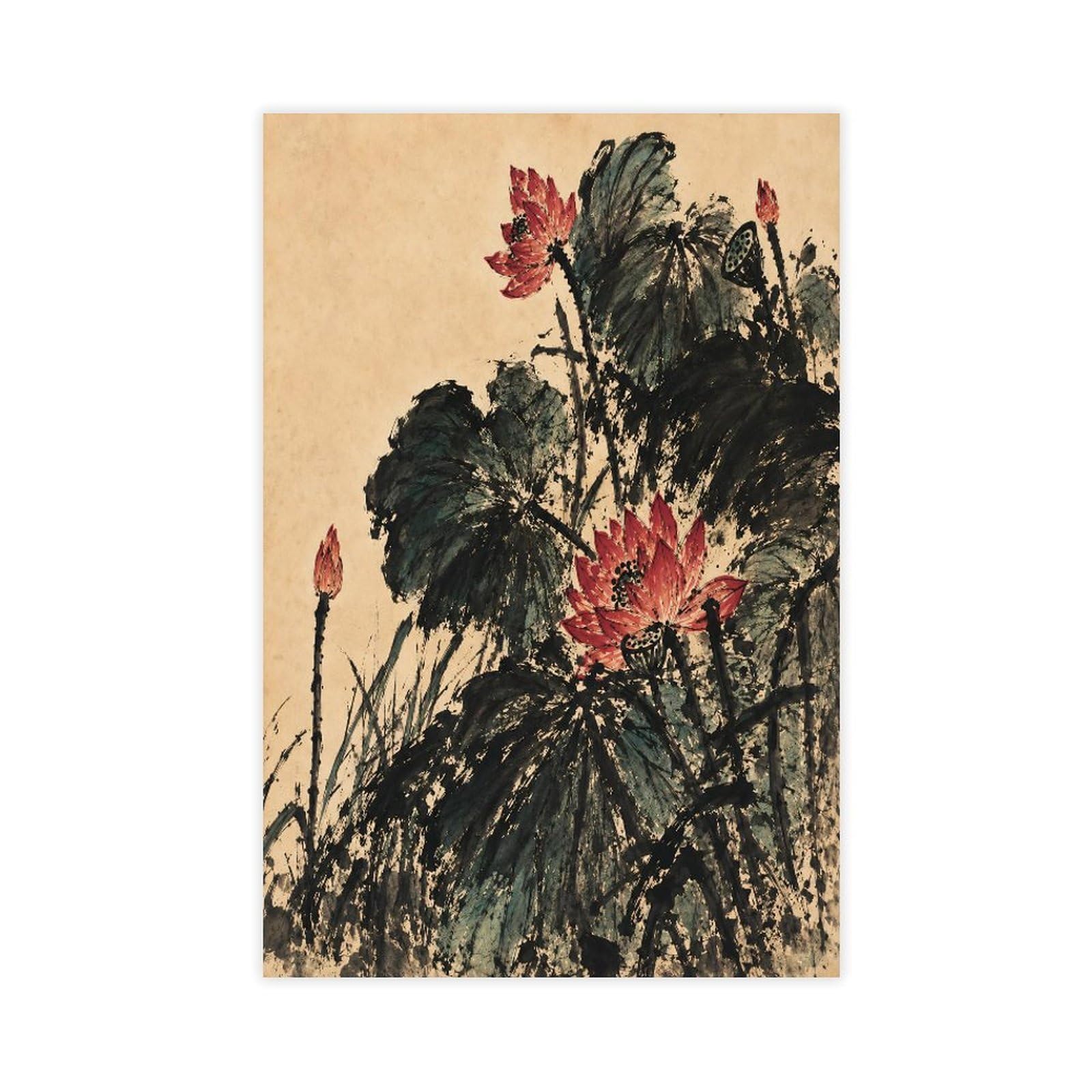 W7c8u2x3 Unframe-Style-3 Dark Lotus Flowers Canvas Wall Art, Gongbi Painting Apartment