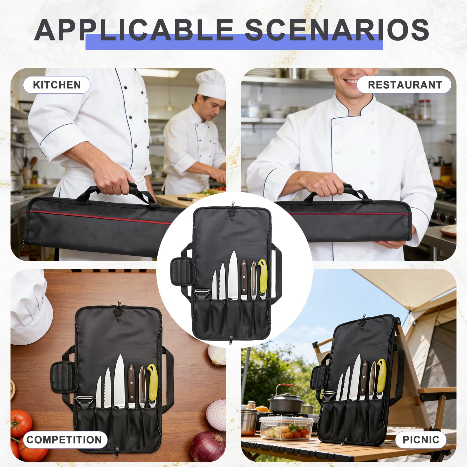 Borsa Coltelli Chef, Borsa Porta Coltelli, Custodia Coltelli, borsa coltelli Portatile, Custodie per coltelli e Cucchiai da Cucina per Campeggio ed Escursionismo, Nero