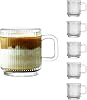 Glass Coffee Mugs 6 Pack - 340 ml Premium Coffee Cups with Handles - Classic Vertical Stripes Transparent Tea Cup Set for Hot Cold Beverages
