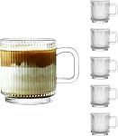 Tasses de café en verre paquet de 6 - 340 ml Coupes de café premium avec poignées - Classic Vertical Stripes Transparent Tea Cup Set pour boissons froides chaudes