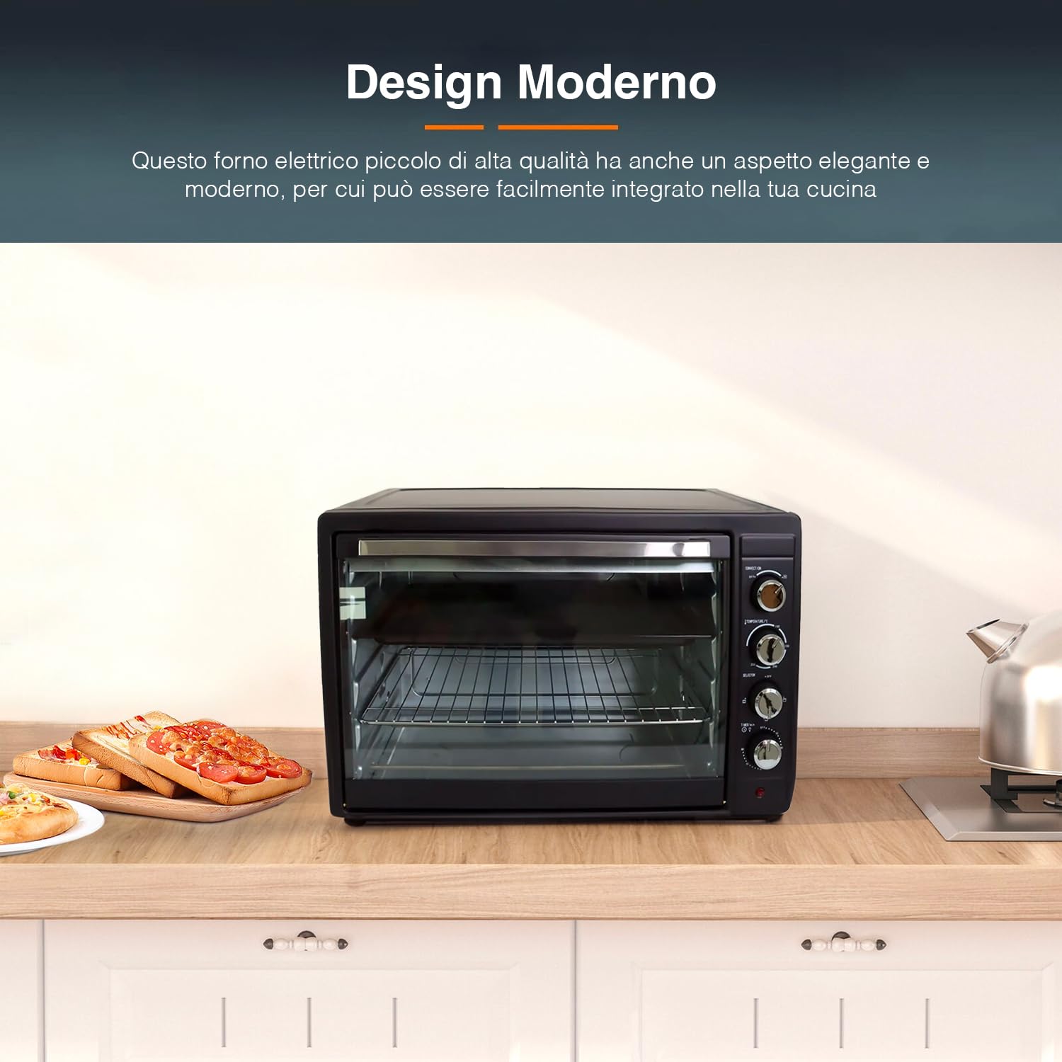 Forno Elettrico Ventilato con Griglia e Teglia - Fornetto Elettrico con Termostato Regolabile, 64x47.8x42.1cm, 80L, 2800W, Nero