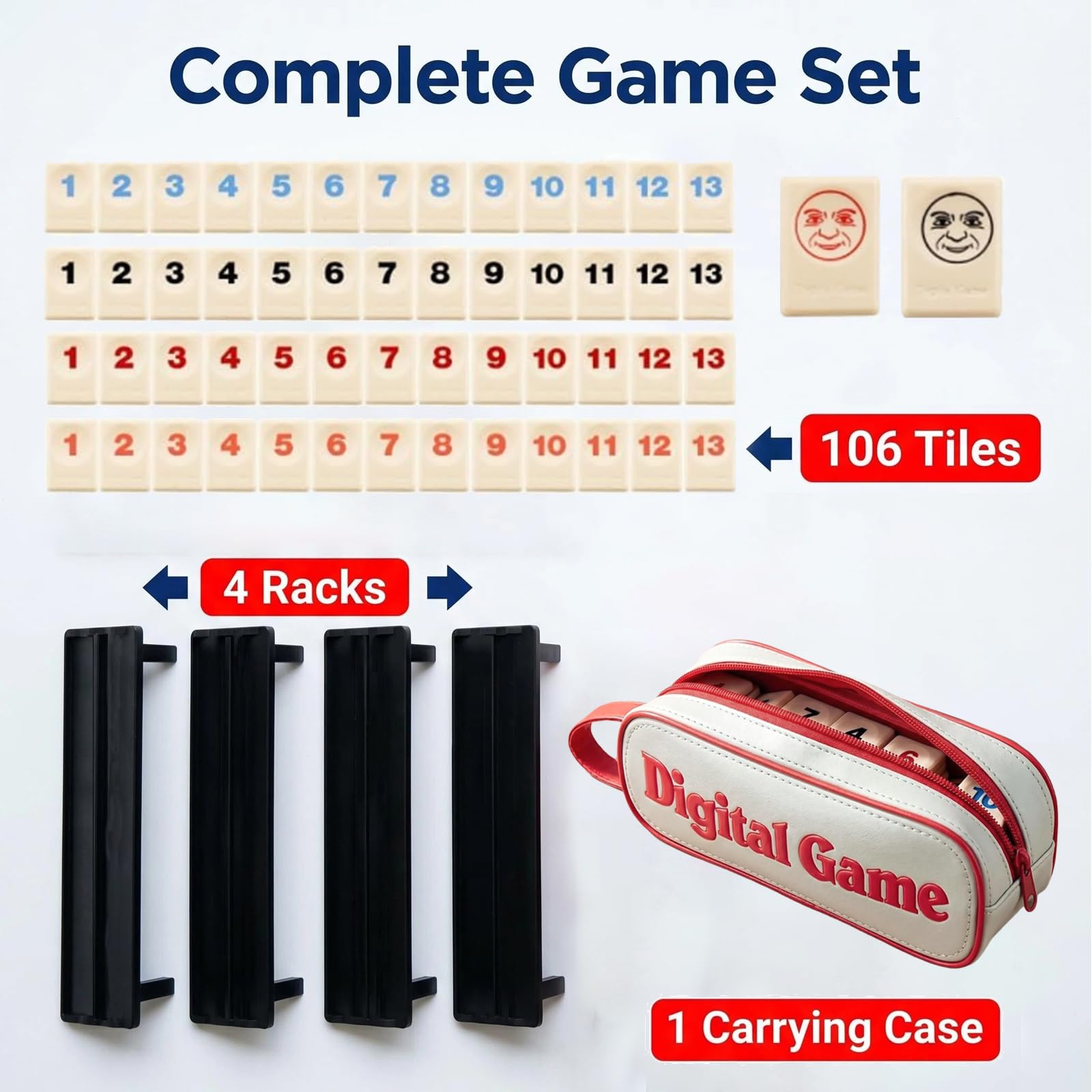 Rummy - Set da viaggio con 106 mattoncini, 4 supporti, borsa per 2-4 giocatori