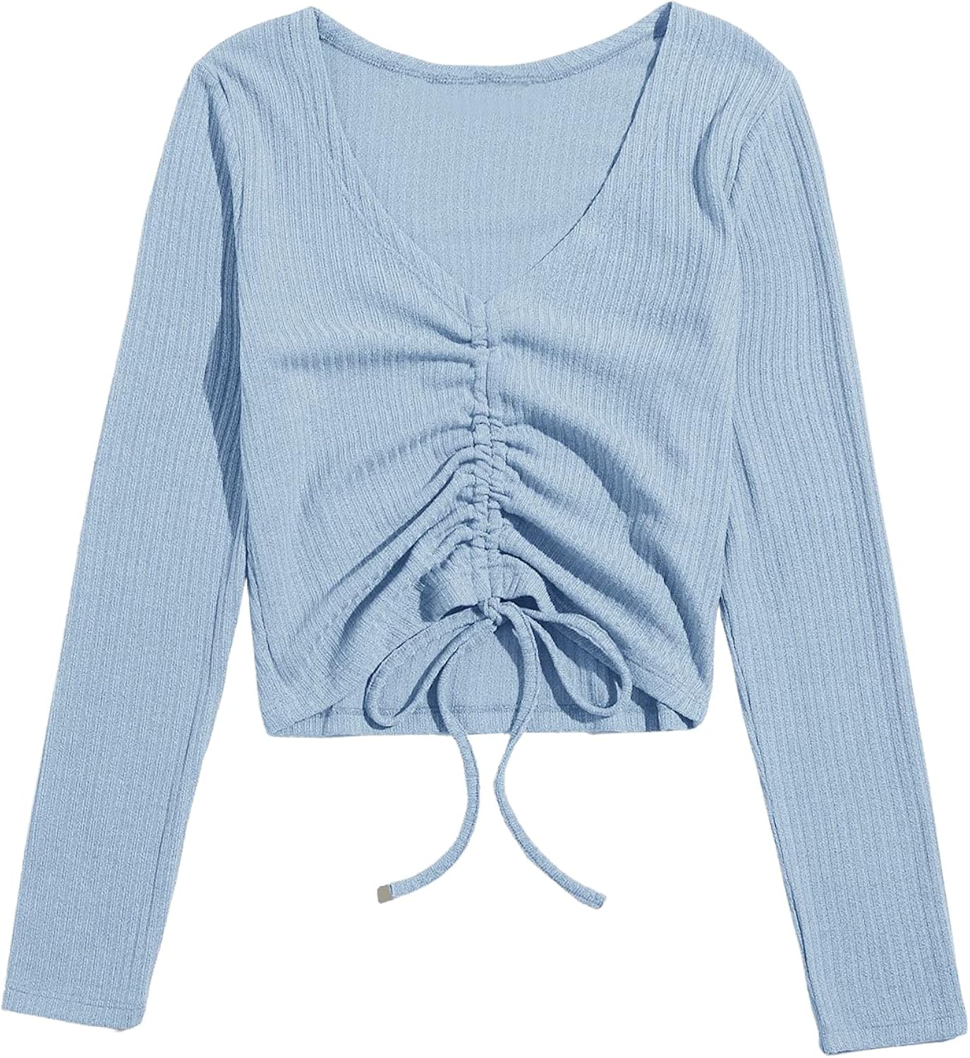 SweatyRocks Women's Long Sleeve V Neck Crop Top Drawstring Ruched Tee Shirt