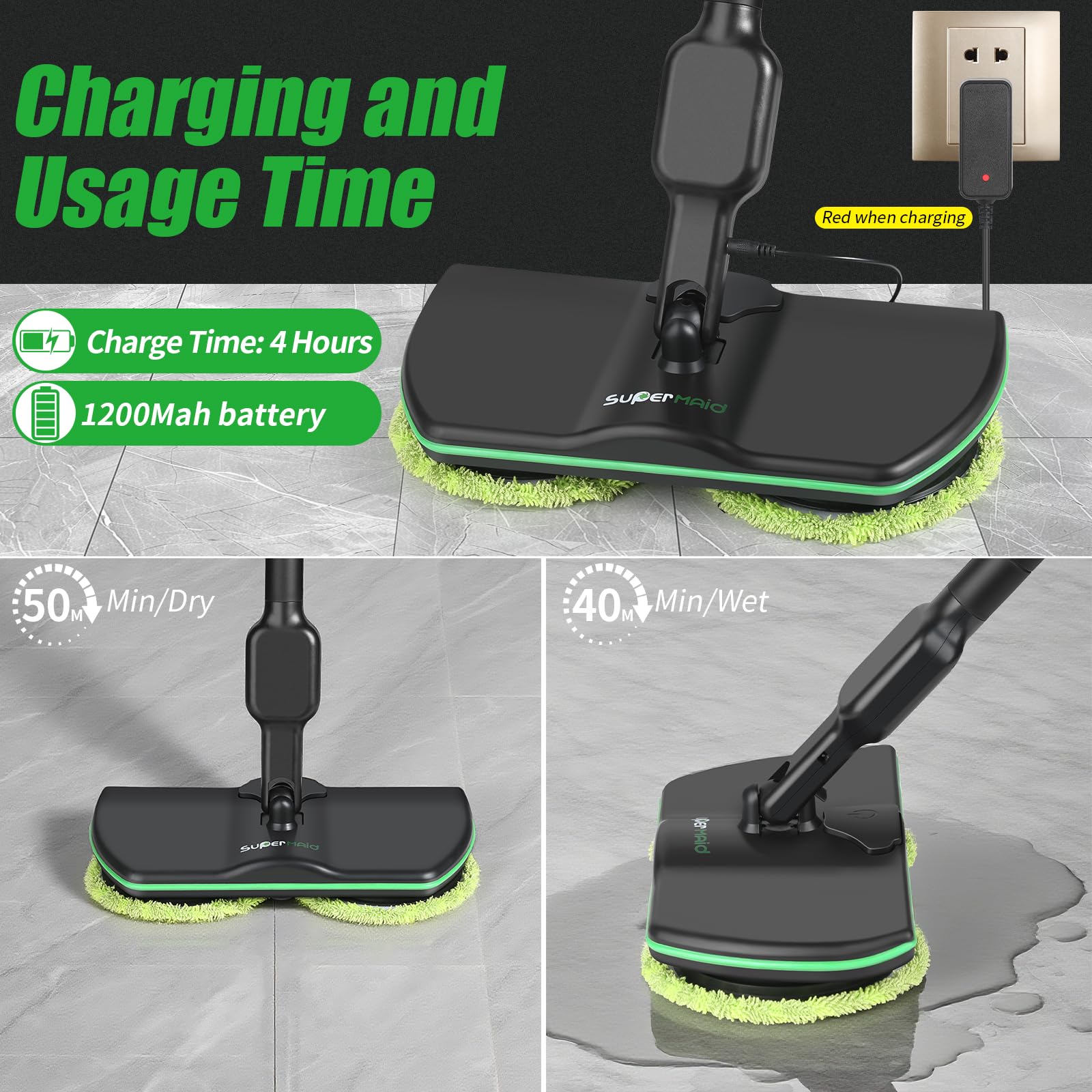 Mocio elettrico senza cordone di rotazione della batteria per pulizia del pavimento, cuscinetto di pulizia a 13 pollici | Design leggero per pavimenti in legno, piastrelle, vinile e laminato; nessun serbatoio dell'acqua integrato