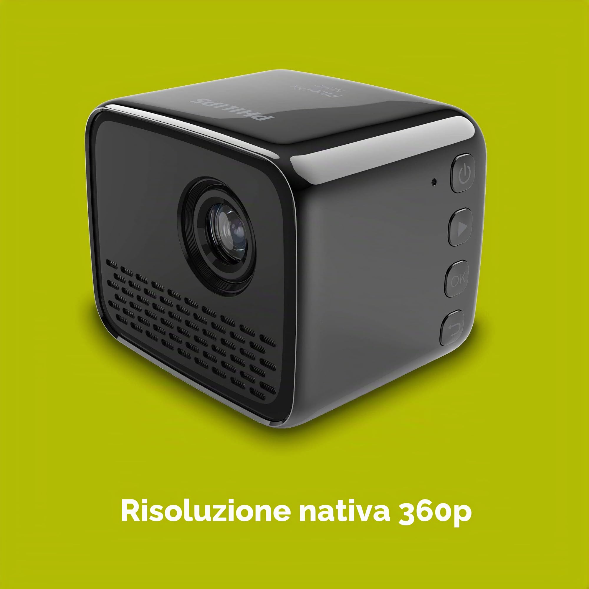 PHILIPS PicoPix Nano Proiettore mobile, Dimensioni ridotte, proiezione delle immagini fino a 60", 80 min con batteria, Mirroring del monitor, Altoparlante e batteria incorporati, nero