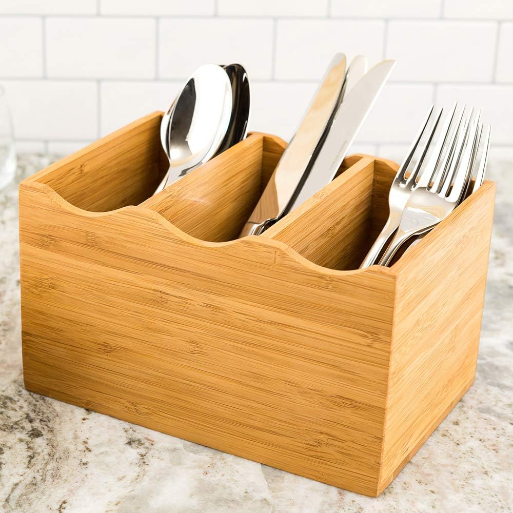 Restaurantware 8.25 x 5.5 x 4.75 Inch Flatware Display 1 Countertop Buffet Utensil Caddy - 3 Compartment For Parties Picnics Homes or Restaurants Natural Bamboo Cutlery Holder Upright
