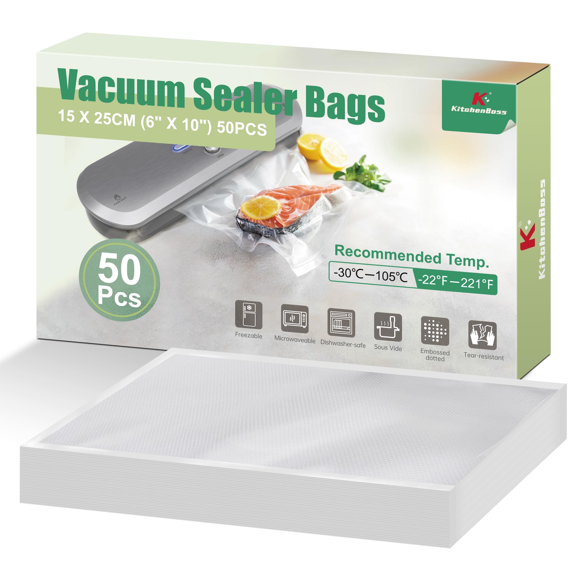 KitchenBoss Vacuum Food Sealer Bags: 15 x 25cm Sous Vide Bags 50pcs,BPA Free Embossed Food Storage Saver PreCut Bag,Vac Seal Pack Bags for Vacuum Sealer Machine