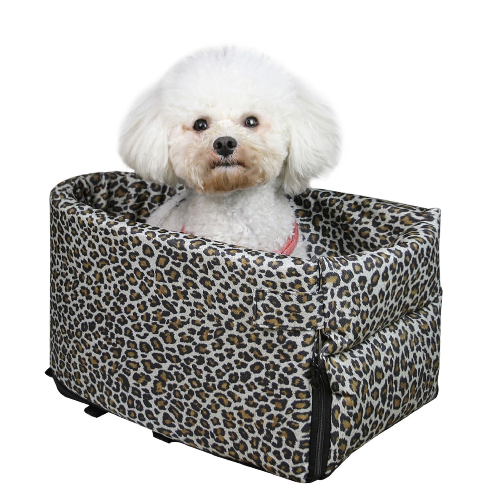 Small Dog Car Booster Seat,Pet Center Console Safe Seat,Armrest Box Elevated Seat for Cat Puppy,Middle Console Doggie Travel Bed,Detachable Machine Washable for All Seasons(Leopard-Large)