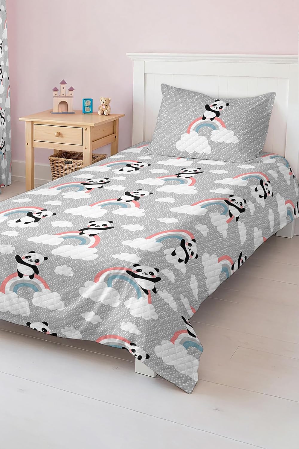 SODEF Bedding Set Twin Size Panda and Rainbow Pattern Kids Room Quilt Set Lightweight Cotton Polyester Blend Fade Resistant 2 Piece Set Multicolor - Multicolor, One Size