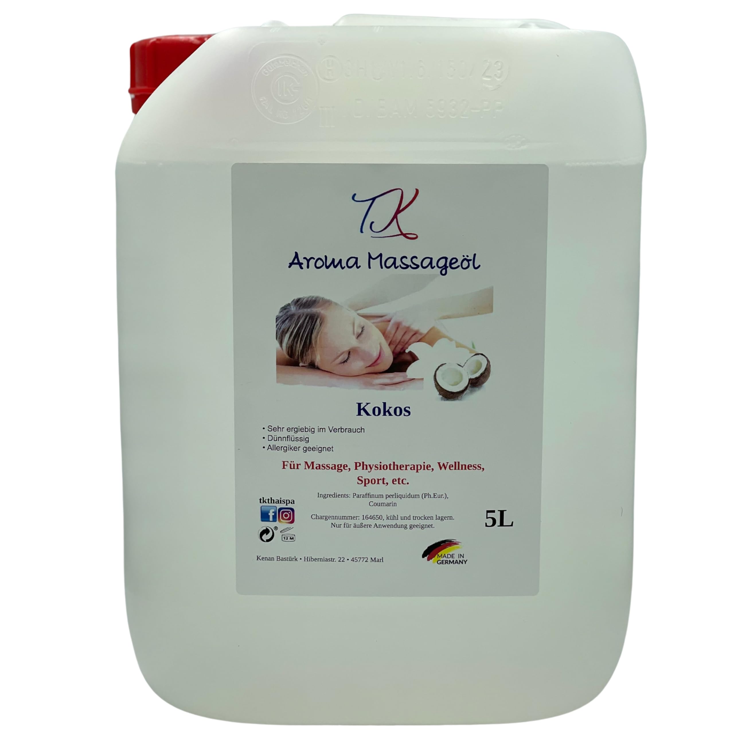 Aceite de masaje aromático de coco para masaje, fisioterapia, bienestar, deportes, etc., calidad farmacéutica (10 L)