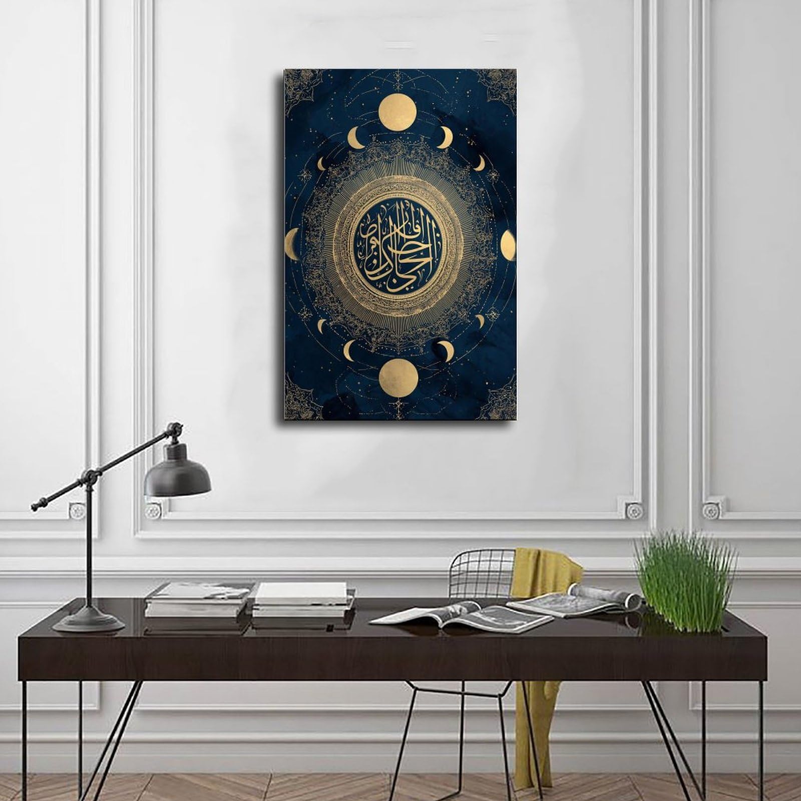 YWTJAX Poster su tela con fasi lunari, color oro, blu navy, per la