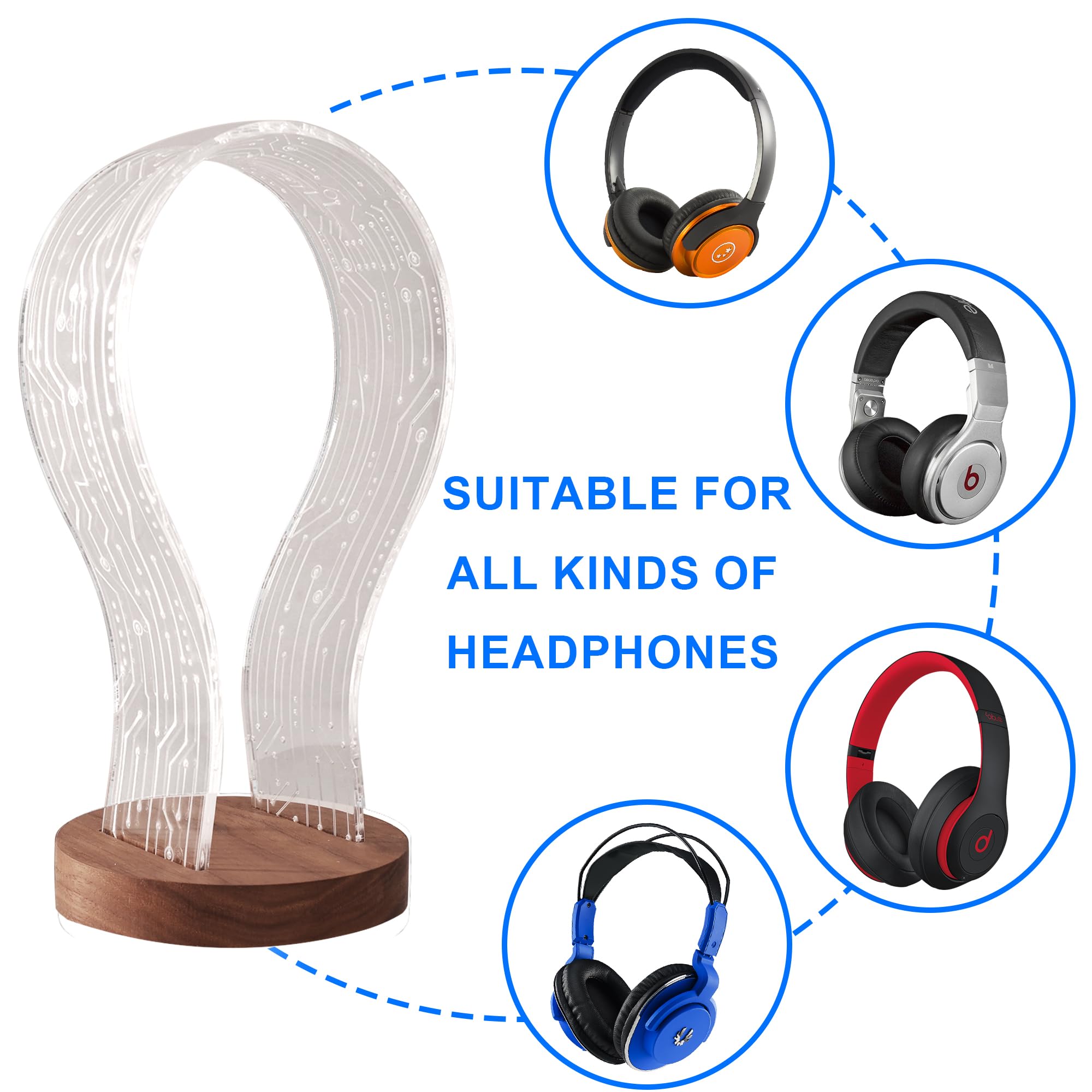 CoolGift Mart Regali per giocatori e amanti della musica, supporto per cuffie luminoso, supporto per cuffie in legno di noce con luce notturna a LED blu e rosa, accessorio da scrivania ideale