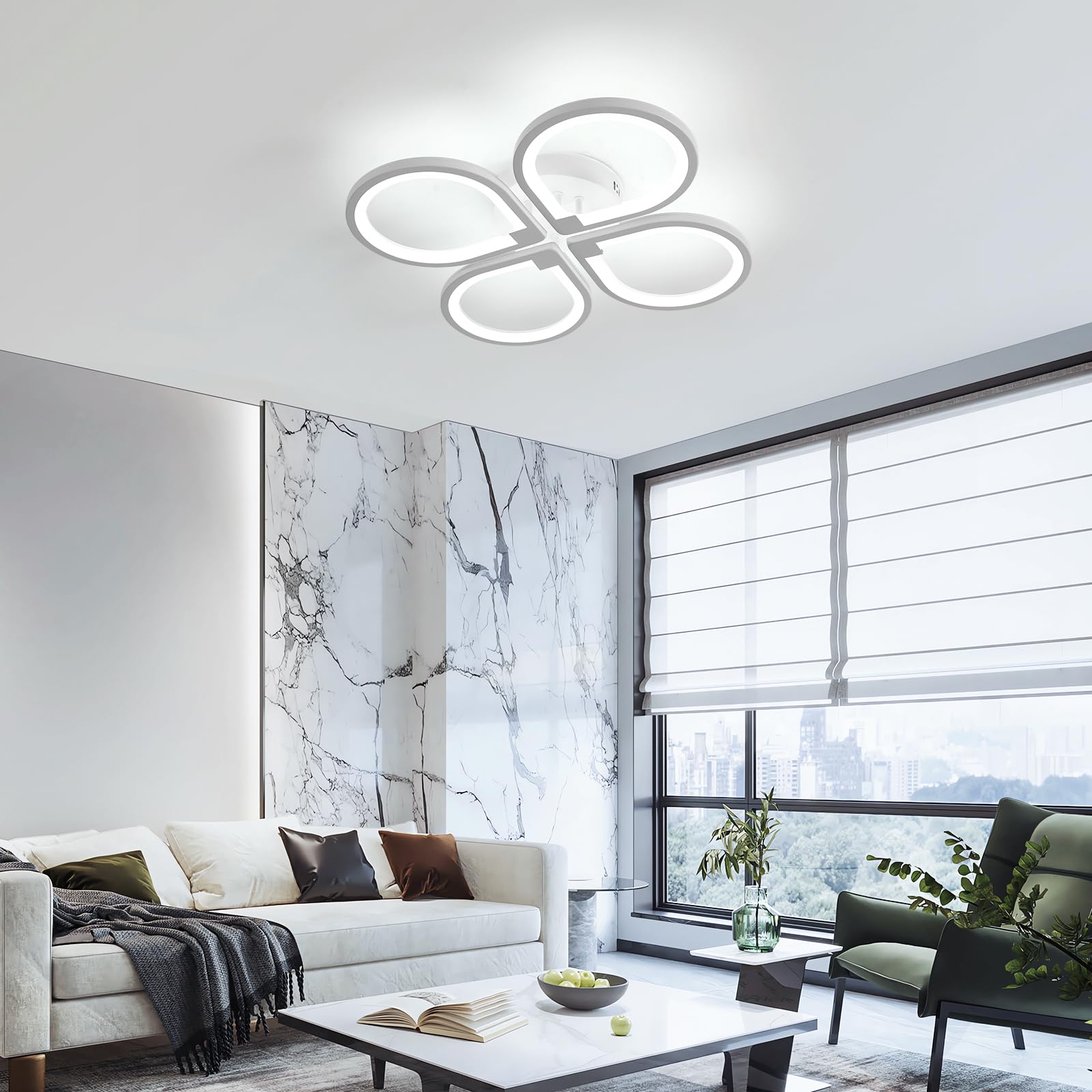 Comely Luz de techo led cuatro pétalos, lámpara de techo 40W 4500LM, luz de techo moderna creativa para sala de estar cocina baño dormitorio pasillo, blanco frío 6500K, diámetro 57cm, blanco