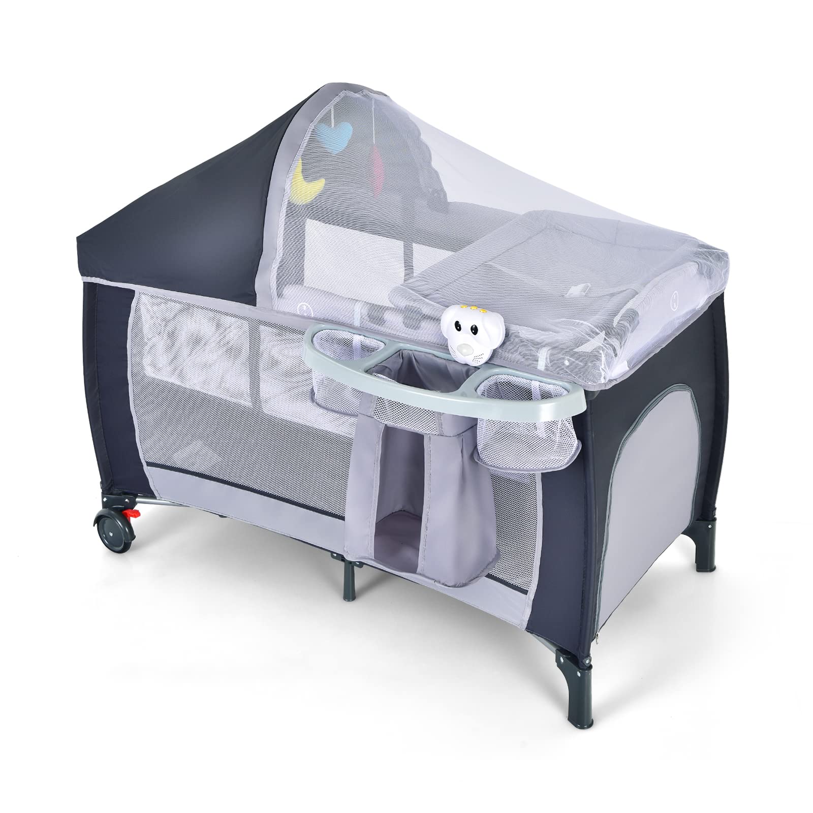 RELAX4LIFE Lettino da Campeggio per Bambini, Lettino Pieghevole con Fasciatoio e Zanzariera, Modalità Dondolo, Culla Neonato per Bambini Fino a 15 kg, 0-36 Mesi (Grigio)