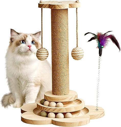 Poste rascador para gatos, juguete rascador de madera 4 en 1, poste rascador de 17.7 pulgadas de alto con 2 bolas de pista para gatos, juguete