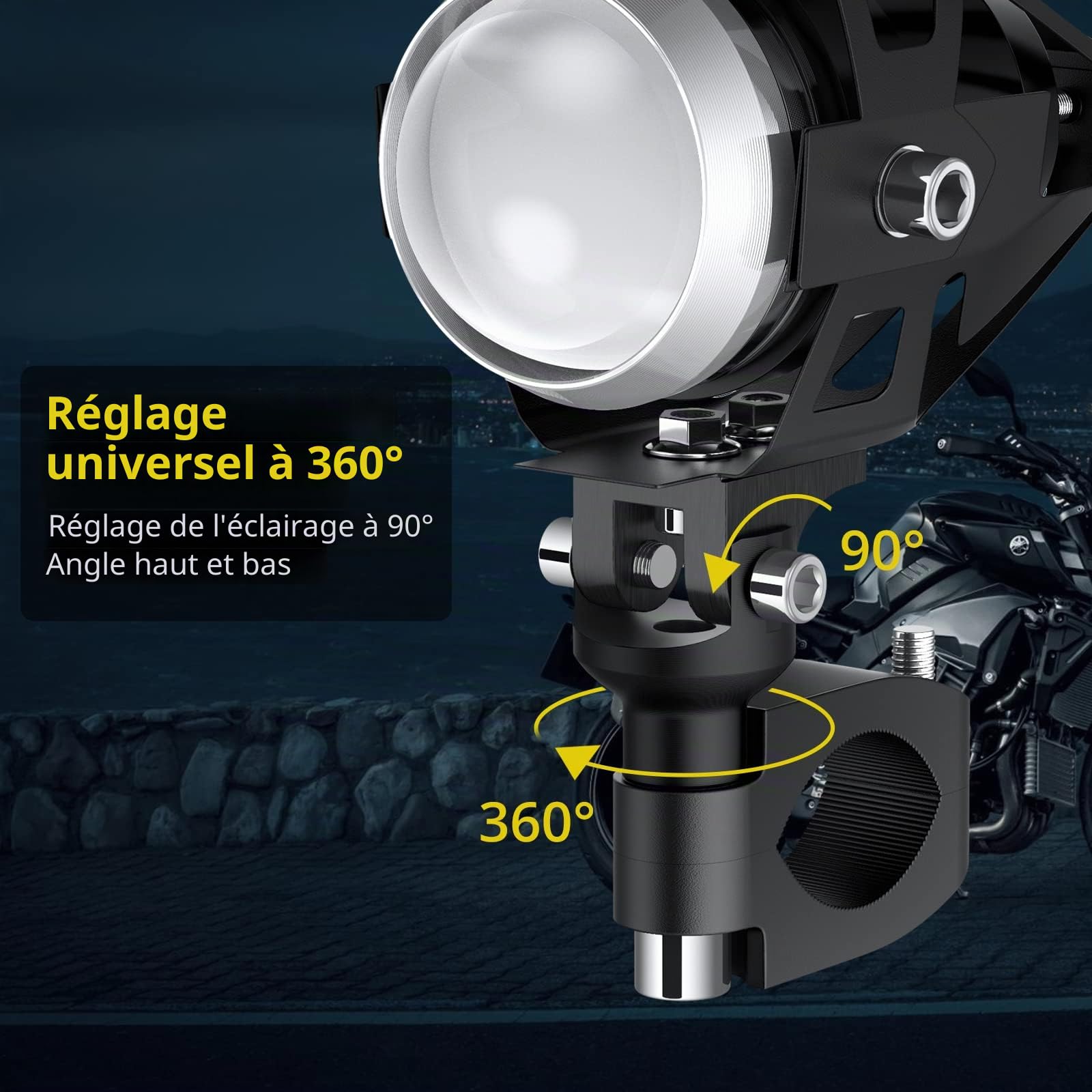 PROZOR 2PCS U5 Phares avant pour moto - 15W 3000LM Phare LED pour moto avec commutateur à 3 modes Phare supplémentaire IP65 Étanche Projecteur Moto Portée 200m