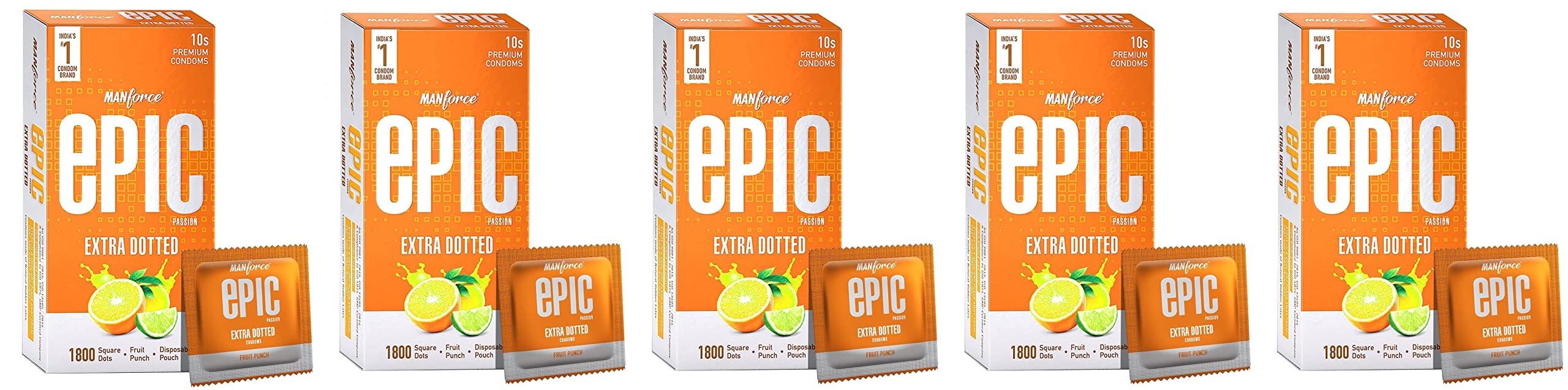 Manforce Epic Passion Extra Dotted Premium Condoms For Men, With 1800 Square Dots, Fruit Punch Flavour, Disposable Pouch (10 Counts), Orange x pack of 5