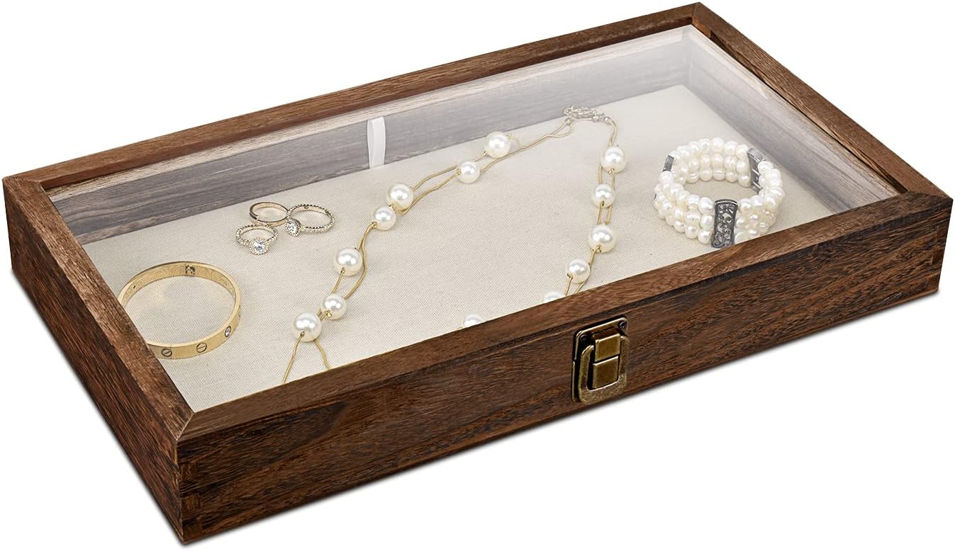 MOOCA Wooden Jewelry Display Case with Tempered Glass Top Lid, Brown Color Case with