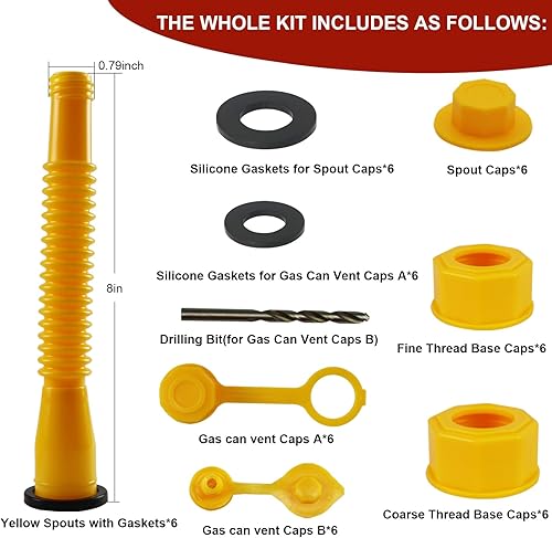 Miniatura 2 de Repuesto de boquilla de gasolina, kit de 6 boquillas para latas de gas, con 12 tapas de collar de tornillo (6 hilos gruesos y 6 hilos finos), tapas