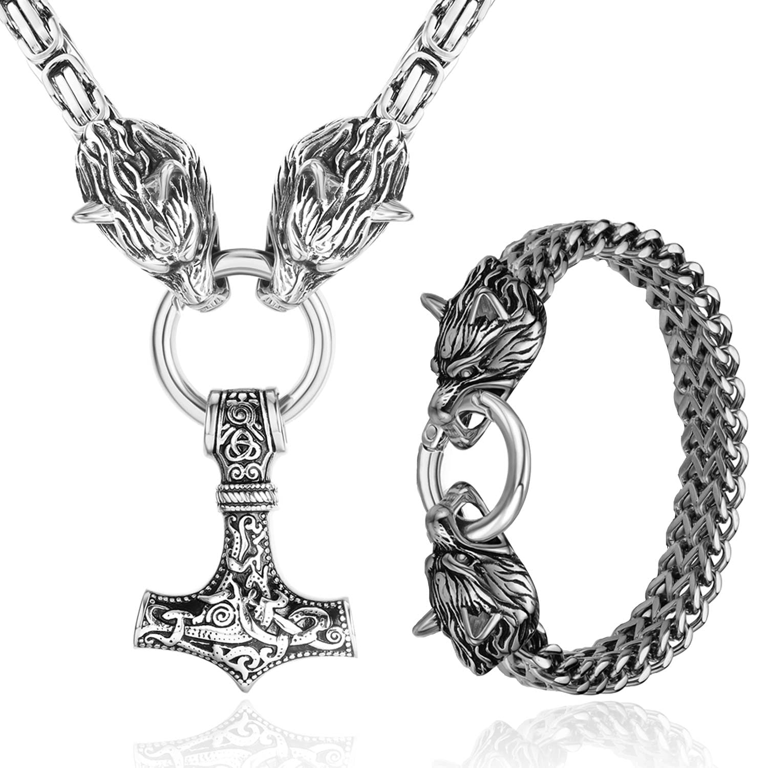 MILACOLATO Mjolnir Collar Pulsera Plata/Oro Vikingo Joyería para Hombre Acero Inoxidable Thor Martillo Colgante con 61 Cm Pesado Grueso Bizantino Cadena Collar Cubano Enlace Pulsera Cadena Regalo