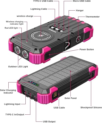 Miniatura 8 de Cargador solar, cargador portátil inalámbrico de 42800 mAh con entrada y salida USB-C, carga rápida QC3.0 de 15 W, 4 puertos, batería para