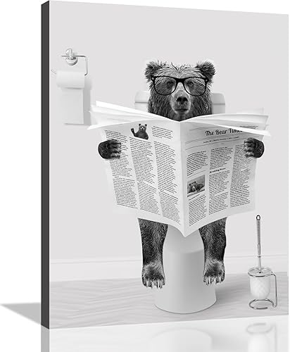 Decoración artística de pared en blanco y negro  Oso con gafas sentado en el inodoro para leer periódico, impresiones en lienzo de periódicos,