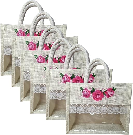 Ahans World Jute Bag 12x10x5 Inch with Transparent Window Ideal for Room Hampers