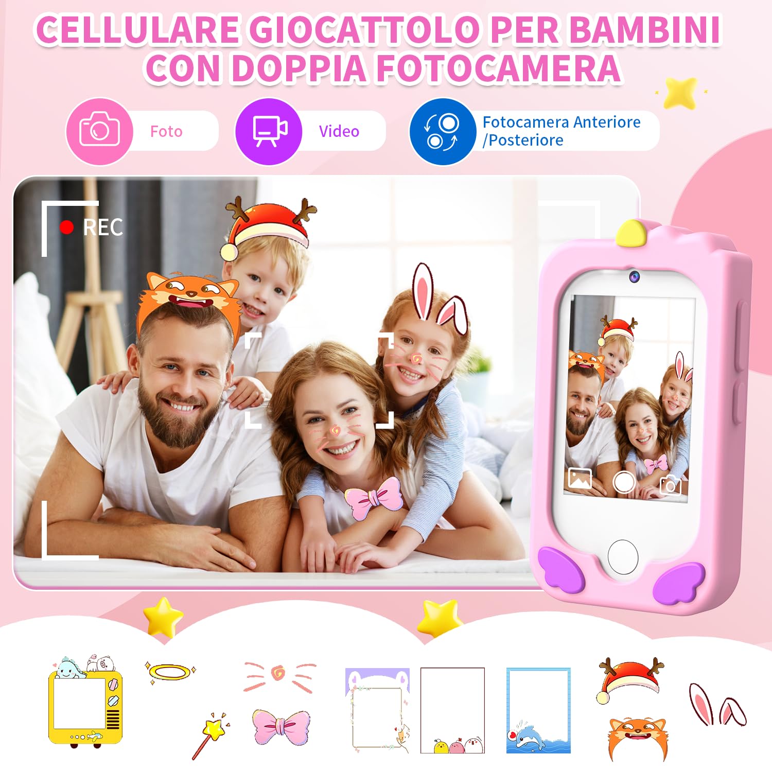 CHAKEYAKE Telefono per Bambini, Macchina Fotografica Bambini con 2,8" Tattile, Doppio Kamera, Lettore MP3, Scheda SD 32 GB, Regali di Natale e Compleanno per 3 4 5 6 7 8 9 10 Anni (Rosa)