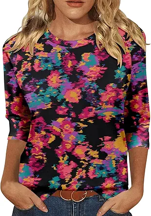 KISSMODA Tunic Tops for Women Loose Fit Dressy Round Neck Pleated 3/4 Length Sleeve Spring Tops
