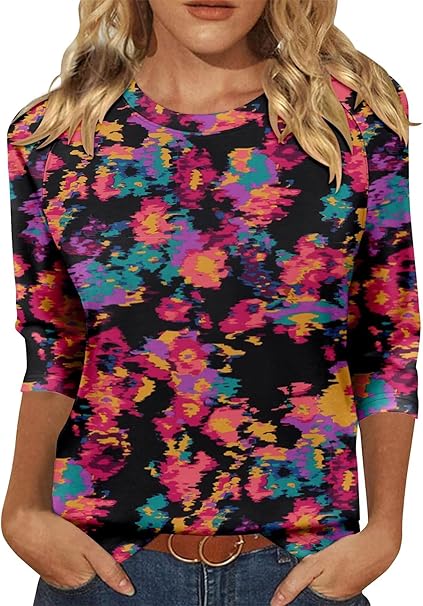 KISSMODA Tunic Tops for Women Loose Fit Dressy Round Neck Pleated 3/4 Length Sleeve Spring Tops
