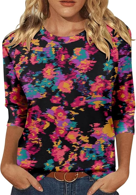 KISSMODA Tunic Tops for Women Loose Fit Dressy Round Neck Pleated 3/4 Length Sleeve Spring Tops