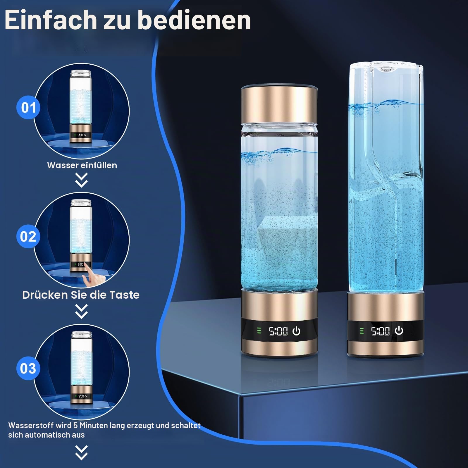 Wasserstoff-Wasserflasche Generator mit PEM-Technologie, Digitalanzeige, H2-Konzentration bis 6,85 PPM, 2025 Neu, Gold