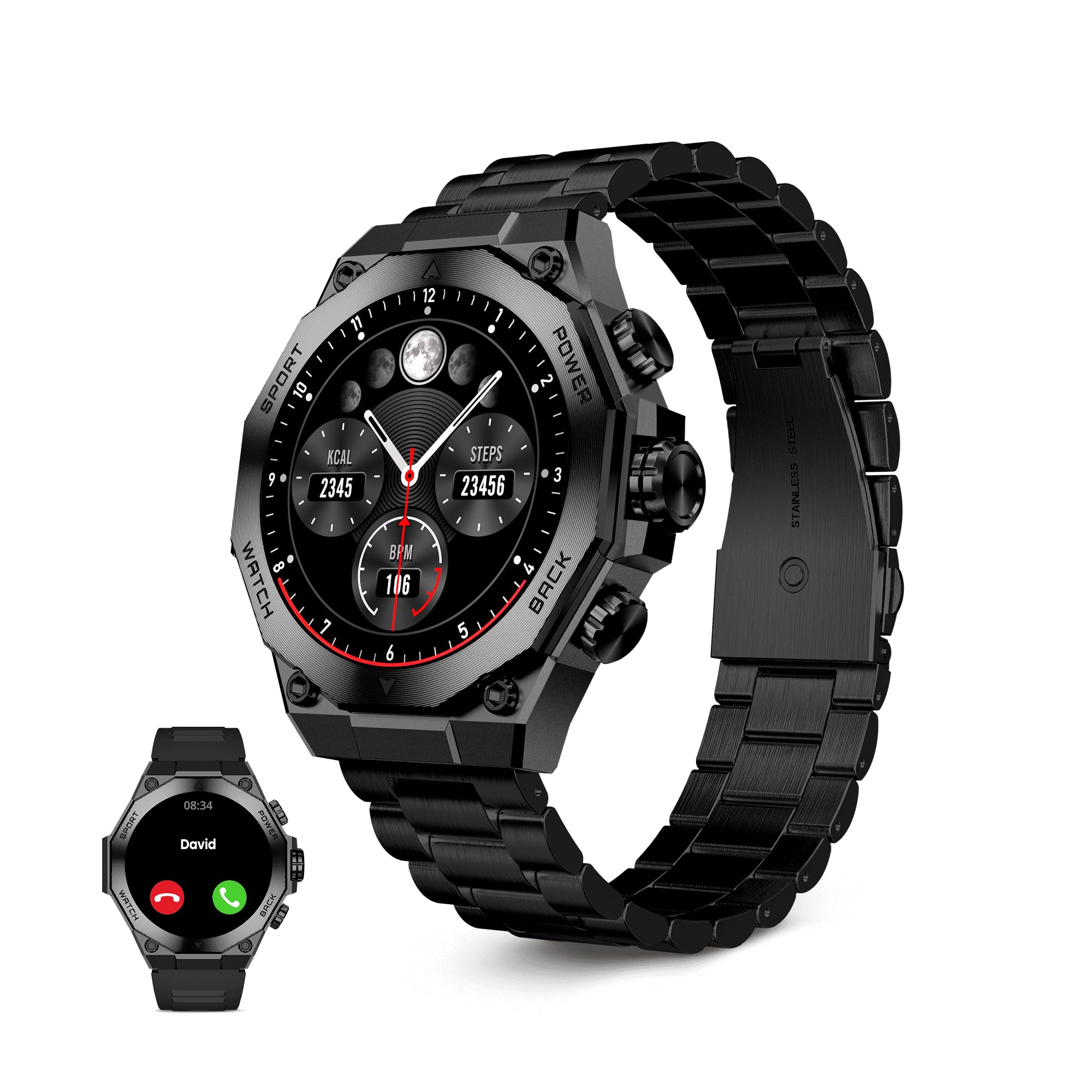 KSIX Titanium Smartwatch męski, zegarek sportowy, połączenia i powiadomienia, pasek stalowy i silikonowy, wyświetlacz AMOLED, monitor zdrowia i sportu, asystenci głosowi, autonomia 7 dni, Czarny