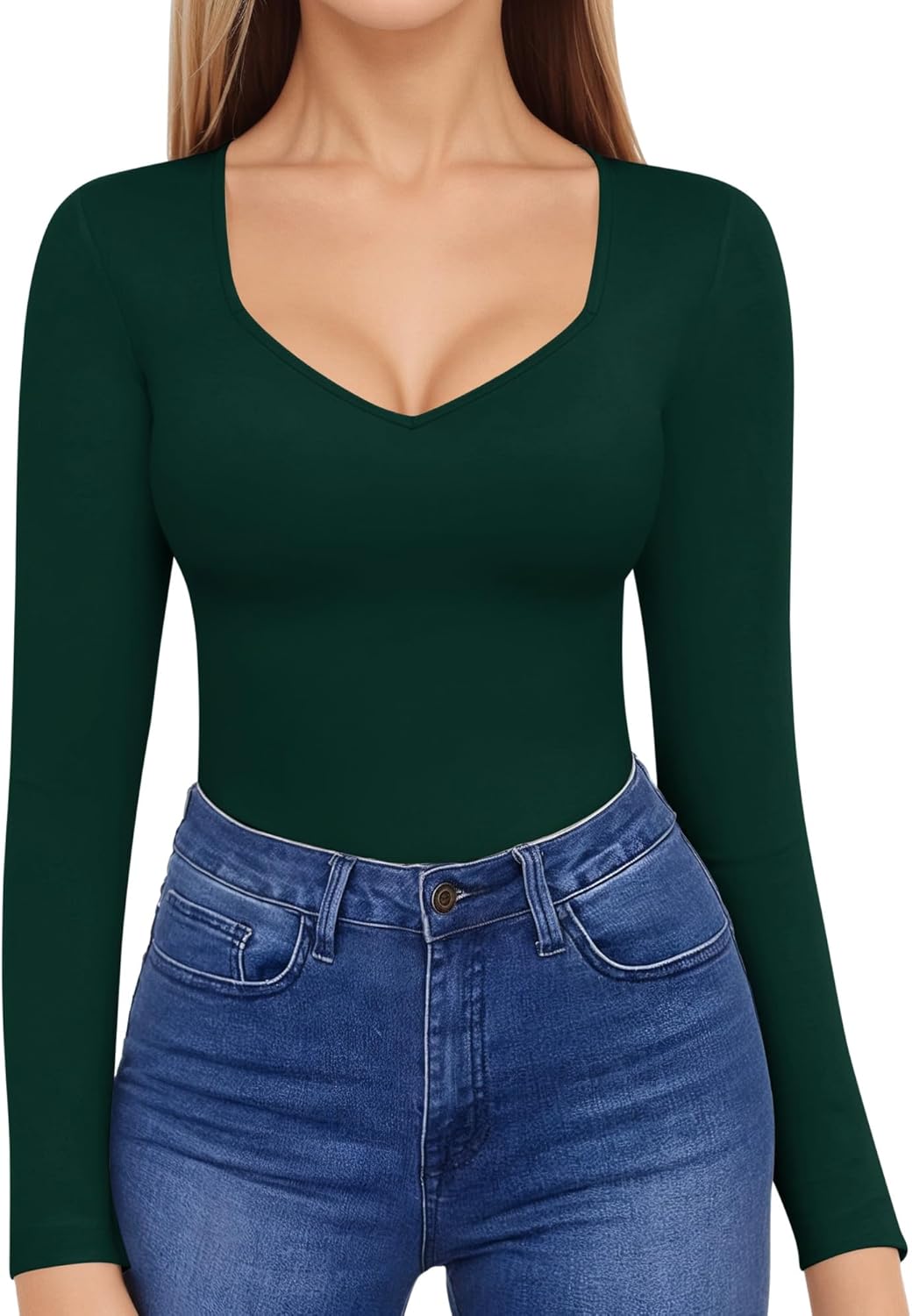 MANGOPOP Women's T Shirt Sweetheart V Neck Long Sleeve Basic Tight Tops Tee - Image 2