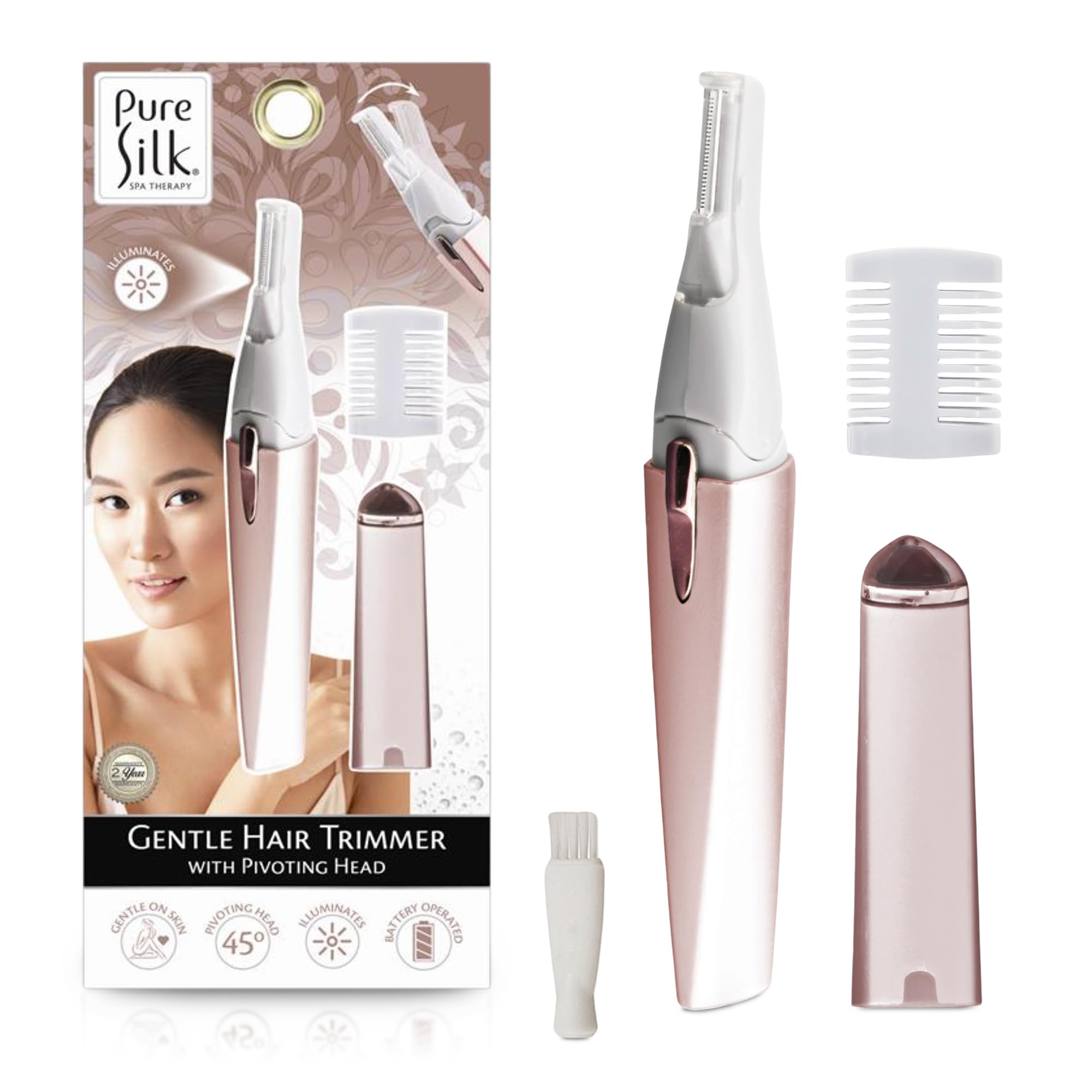Pure Silk Hair Trimmer for Woman, Pivoting Head Adjustable Hair Trimmer for Women, Personal Shaver Grooming Tool, LED Light, Precision Grooming for Face, Bikini, and Delicate Areas, Battery Powered