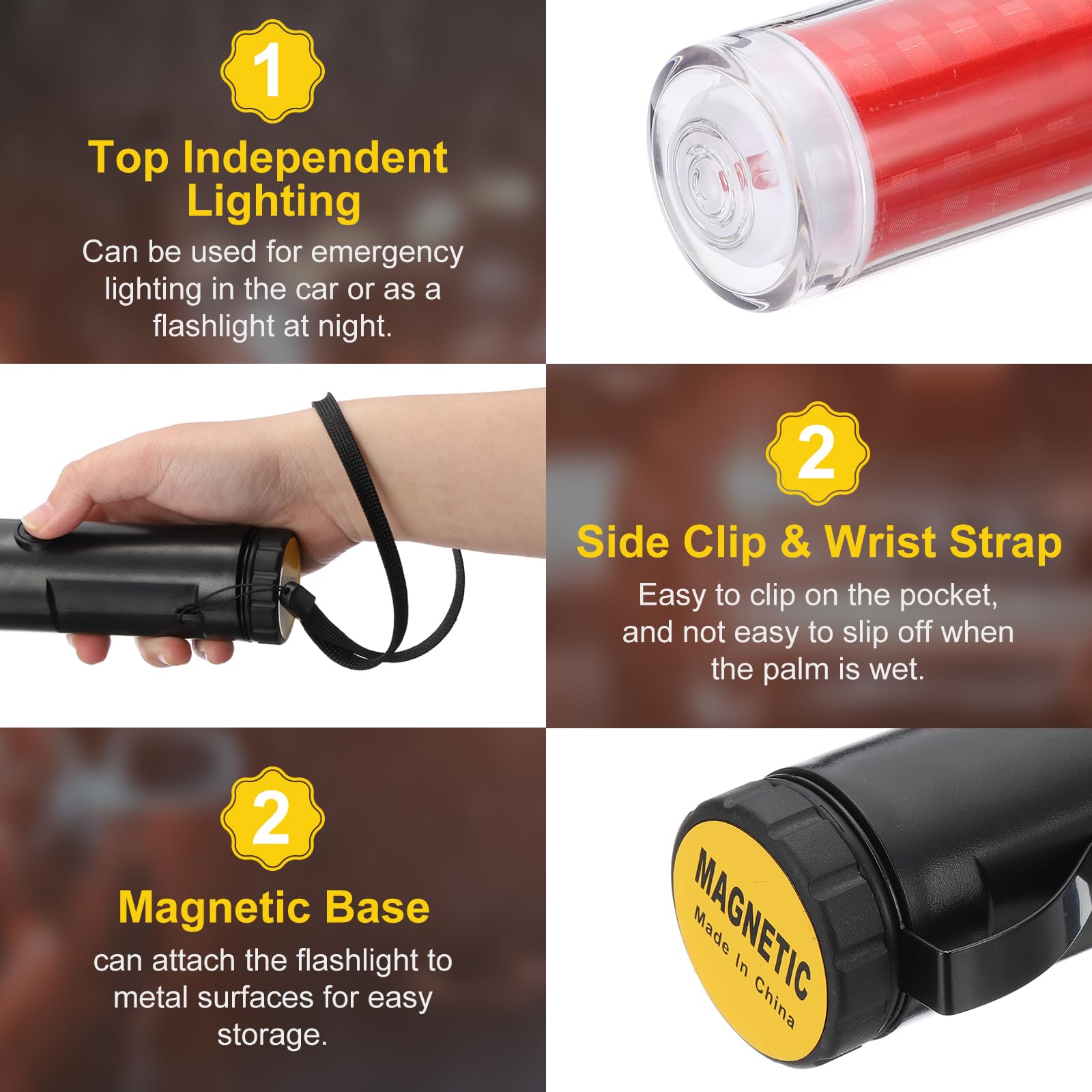 Bacchette LED Per Traffico Rosso 53 Cm, Confezione Da 4 – 2 Modalità Lampeggianti, Con Cordino E Clip, Per Parcheggio E Sicurezza Stradale