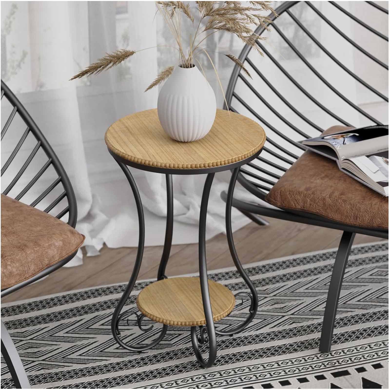Round End Table, Industrial Retro Side Table for Small Spaces, Accent Outdoor Farmhouse Coffee Living Room Balcony Bedroom Office, Rustic Brown