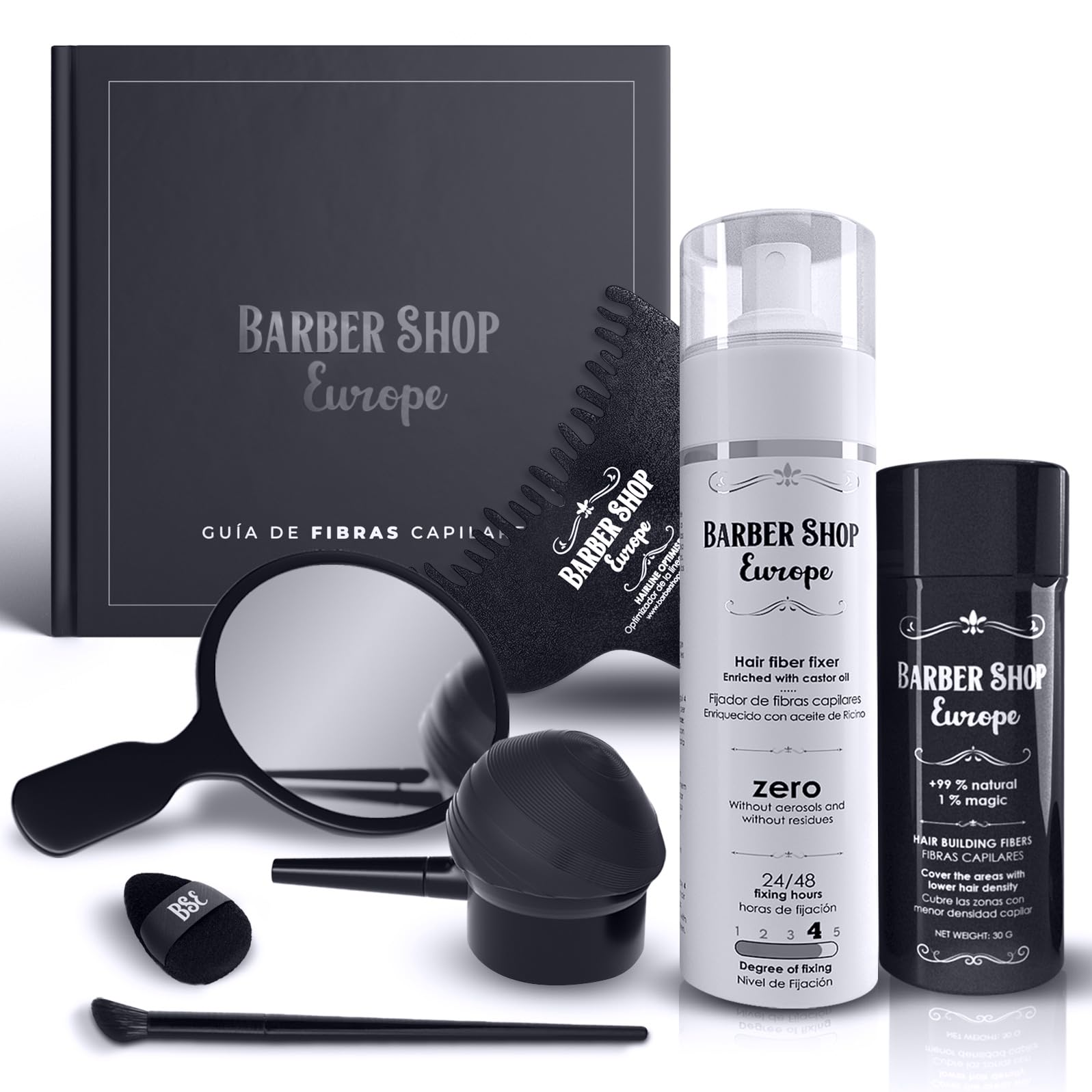 Kit Fibras Capilares Castaño Oscuro - Hair Fiber - Fibra Capilar Hombre Mujer - Aplicador - Fijador Aceite Ricino - Guía de Fibras Capilares - Optimizador Línea - Espejo y Pincel de retoque