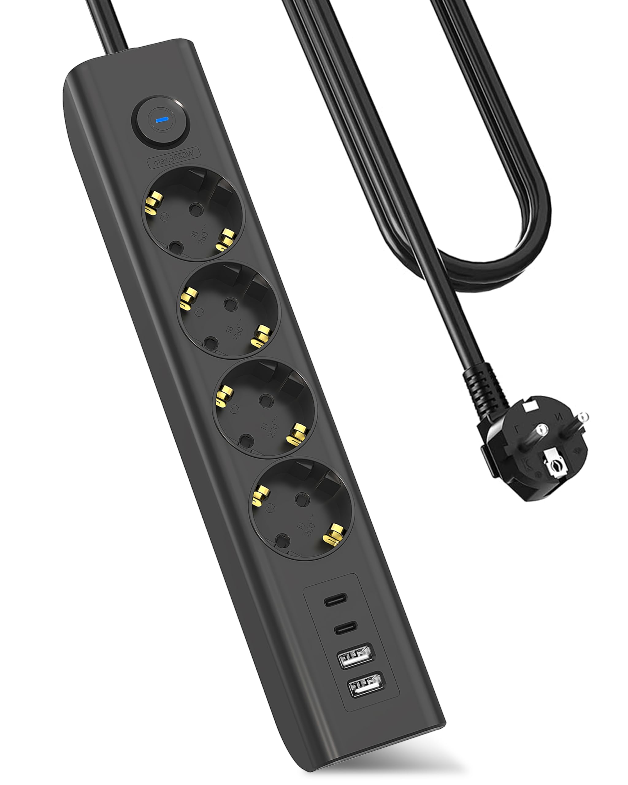 5 Fach Steckdosenleiste,9 in 1 Mehrfachsteckdose mit USB,3680W Steckerleiste mit Schalter,16A USB C Mehrfachstecker,Wandmontage Steckerleiste Verteilersteckdose für Küche Büro,1.8M Kabel
