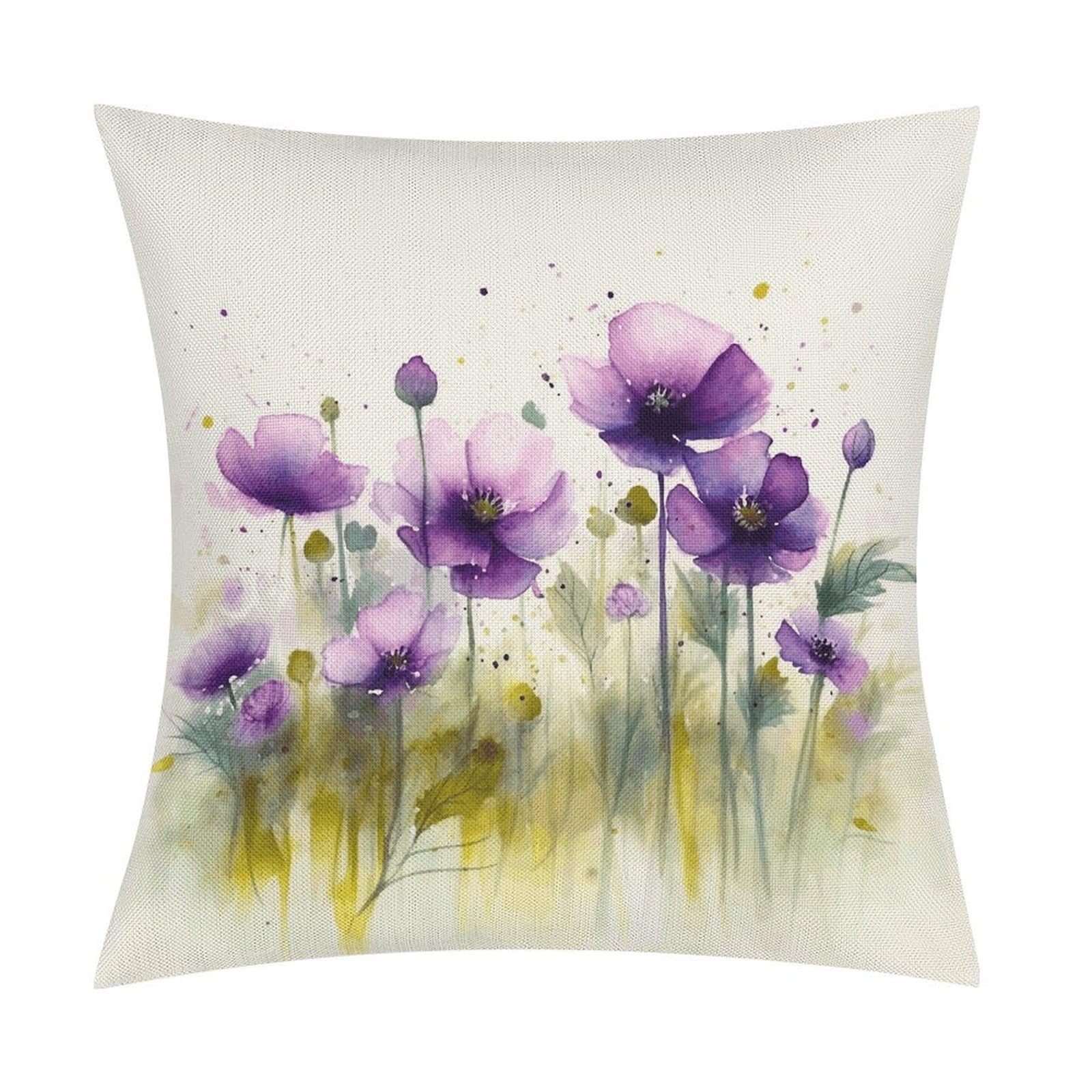 FekiLoot Watercolor Purple Flowers Throw Pillow Cover Soft Square Cushion Case Farmhouse Cushion Cover Decorative Pillow Cover Modern Pillowcase for Sofa Living Room Bed Home Decor 18x18 Inch