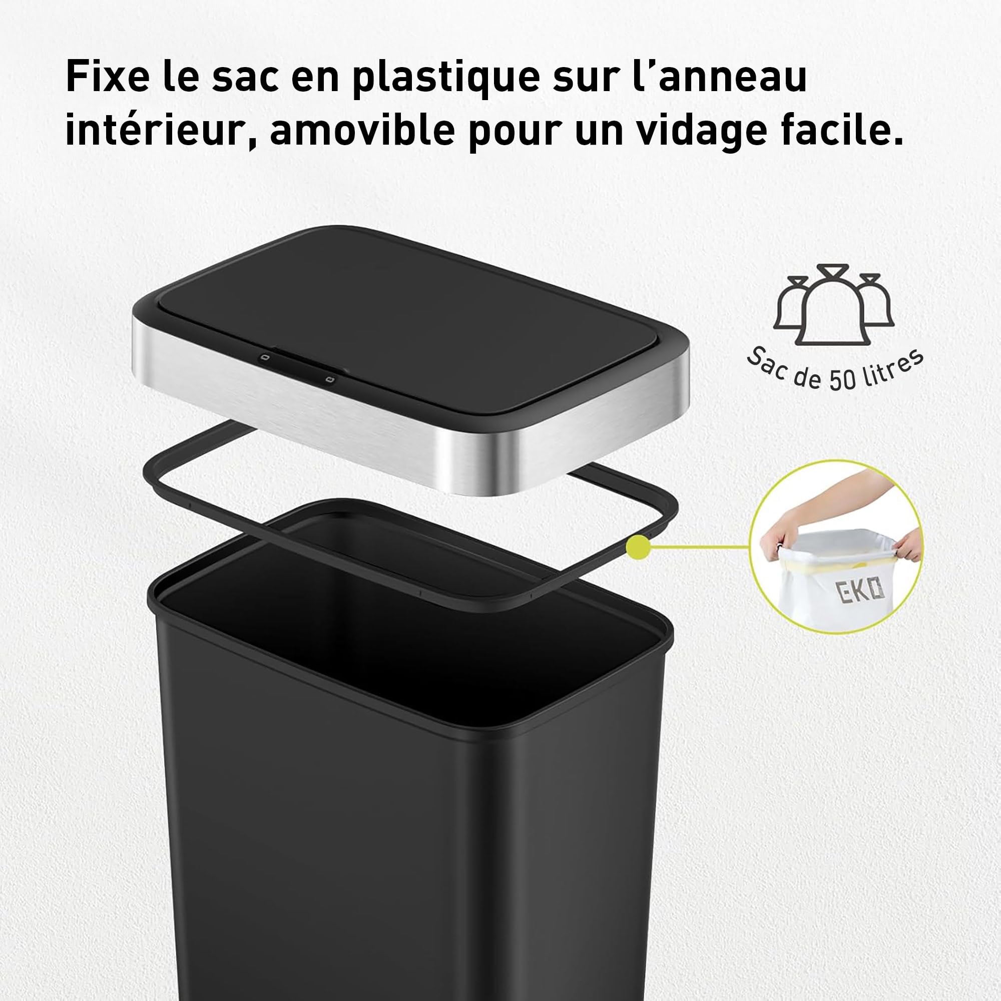EKO | Poubelle de Cuisine 50 L avec capteur Automatique et Fermeture en Douceur | Poubelle Noire à Piles | Finition Anti-Traces de Doigts, Base antidérapante et Support de Sac