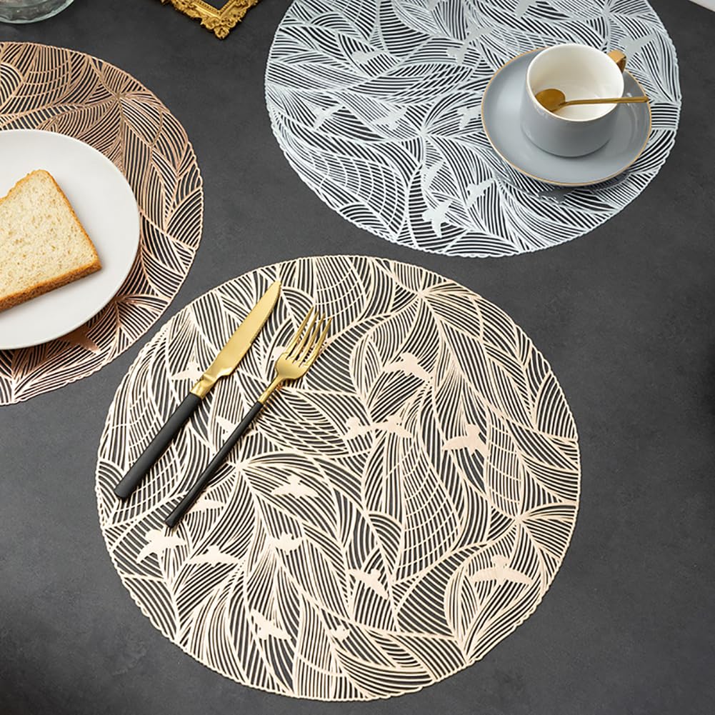 Mat De Table Rond Imperméable PVC - 38 Cm (14,9 Pouces) Mat De Table, Tapis De Thé À Café De Design Creux Moderne pour Les Restaurants, Cuisine, Usage De Bureau,Argent,10pcs
