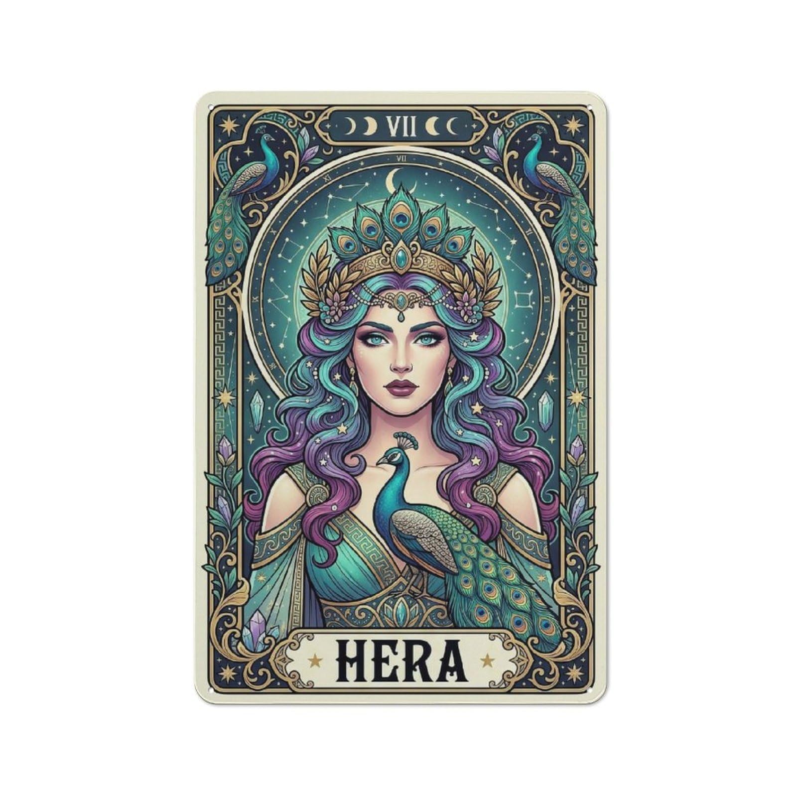 Junmoney Style Urban Metal Wall Art Sign 30X20cm Featuring Hera Goddess With Peacock, Studio Wall Art For Modern Home, Workshop, Office Or Cafe