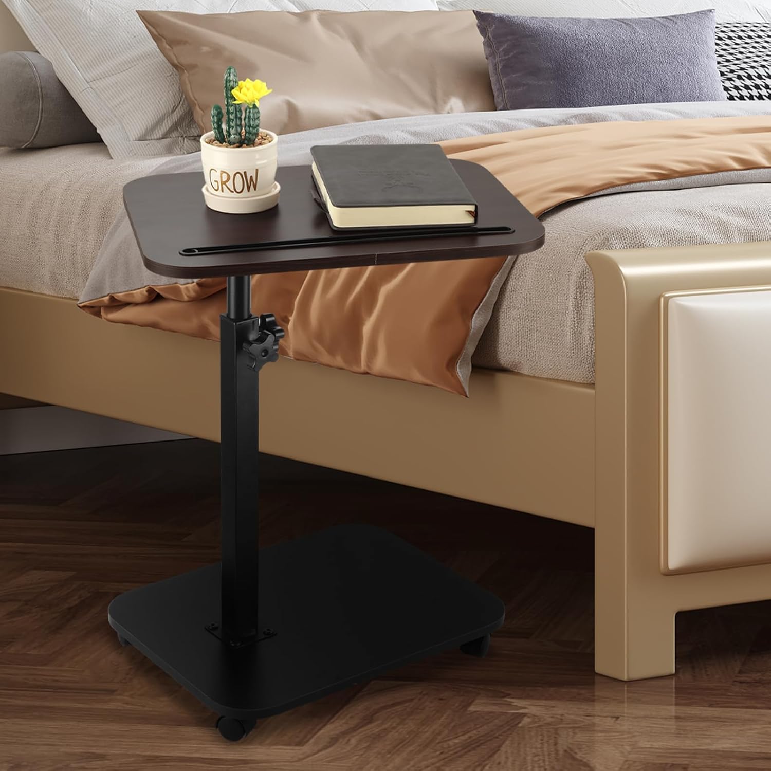 DAJAVE Sofa Armrest Tray Table for Couch, 360°Swivel TV Tray Table with Wheels for Small Spaces, Height Adjustable C Shaped End Table Snack Side Table for Sofa, Bed, Chair, Snack